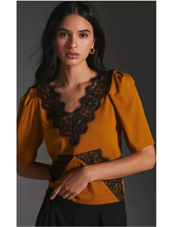 NWT by Anthropologie Mustard Gold and Black Lace Puff Sleeve Top S - Picture 2 of 8